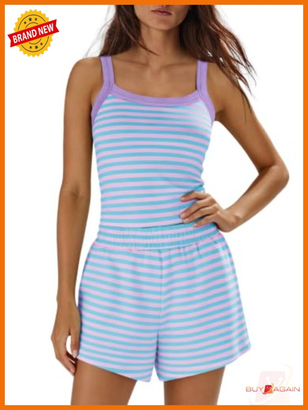 Womens 2 Piece Striped Tank Top and Shorts Set Cotton Blend Lounge